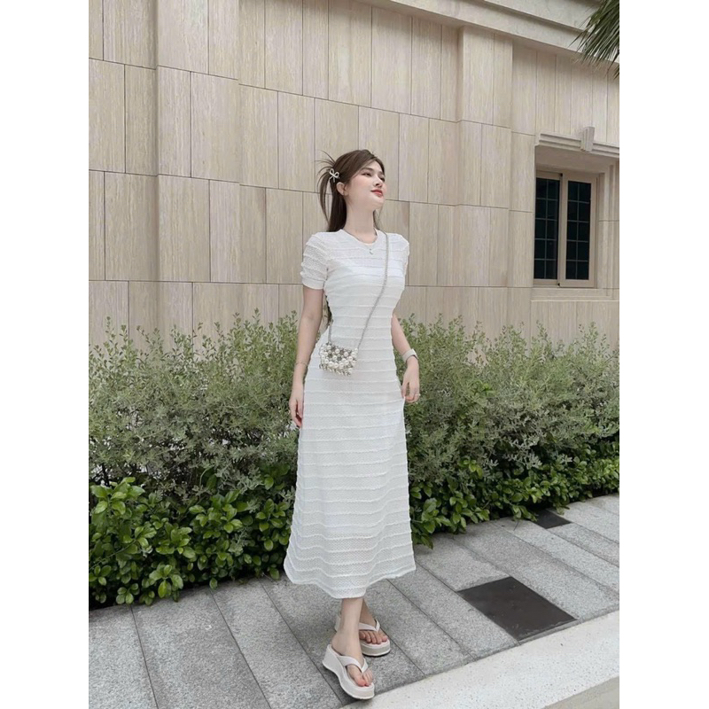 ชุดแฟชั่นสตรีสําหรับ GOING OUT, WOOL, HORIZONTAL LACE, STRAIGHT DRESS WITH COTTON LINING INSIDE ONE สีขาว