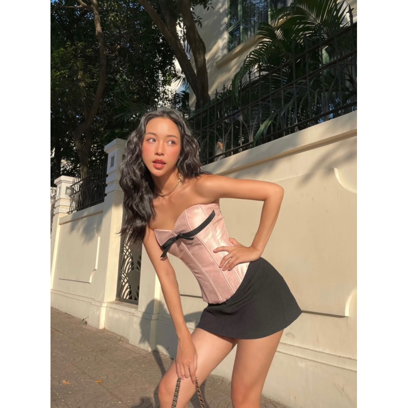 JUBIN STUDIO คอร์เซ็ทสีชมพูมีโบว์ดํา ไซส์ M