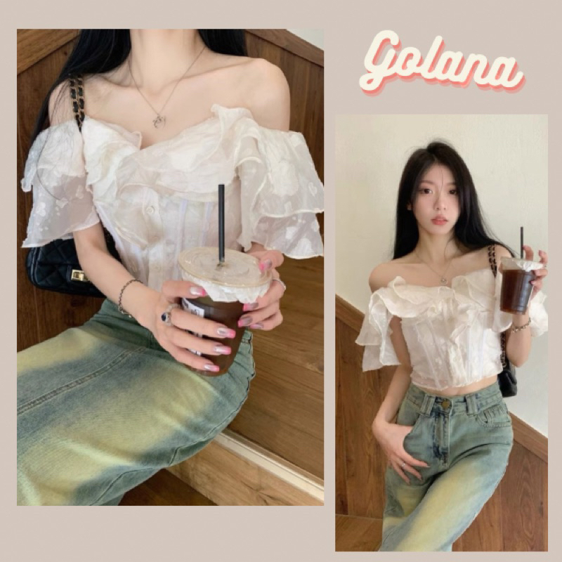 เสื้อเชิ้ตเปิดไหล่ลายดอกไม้ 2 ชั้น Super Feminine เสื้อเชิ้ตเปิดไหล่แขนสั้น (มีขนาดใหญ่)
