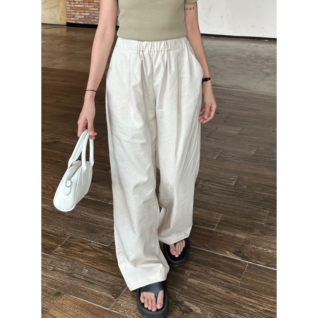 SOMS: กางเกงลินินเอวยางยืดขากว้าง Flattering - กางเกง Elas (ภาพเดิม)