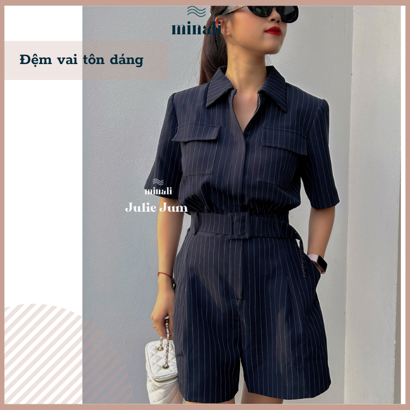 JULIE JUM Jumpsuit Set สีเขียวถ่านเอวถอดได้ วัสดุแบบสวมไร้ริ้วรอย Minali Store
