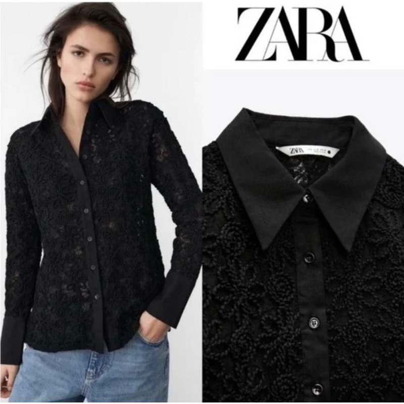 THUHENZR(ว่าง XS)เสื้อ ZARA 4786/329/800 ลายเบญจมาศสีดําและผ้าลูกไม้แนบ (มีรูปถ่ายจริง)