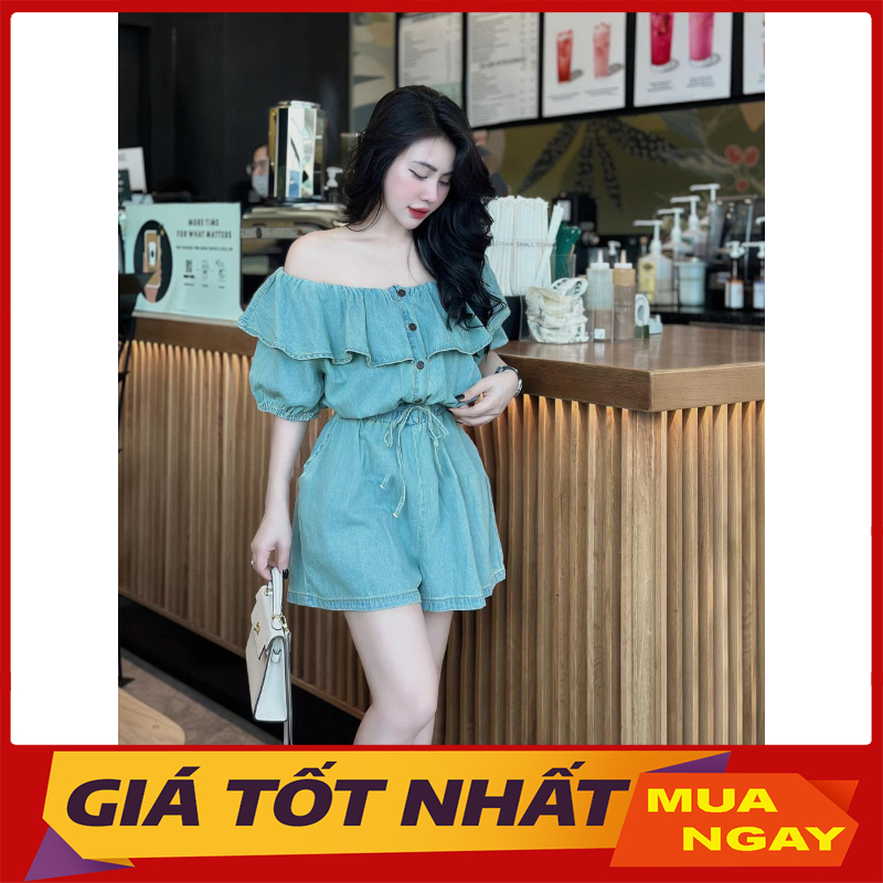 จั๊มสูทยีนส์เปิดไหล่พร้อมกางเกงแขนสั้นแบบไดนามิกแขนบาน JS0042 - Yanmy888