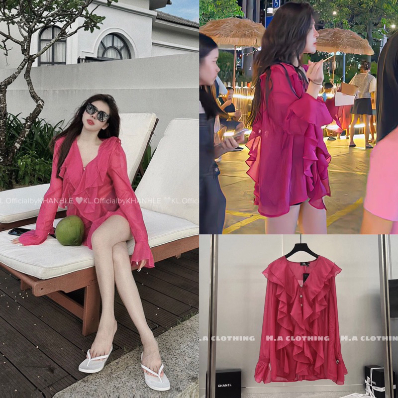 [ก0.107] เสื้อเชิ้ตผ้าไหมสีชมพู 2 ชั้นแขนบานและกระดุมหินแท้กางเกงปกปิดอย่างเป็นทางการพร้อมวิดีโอภาพถ่ายจริง
