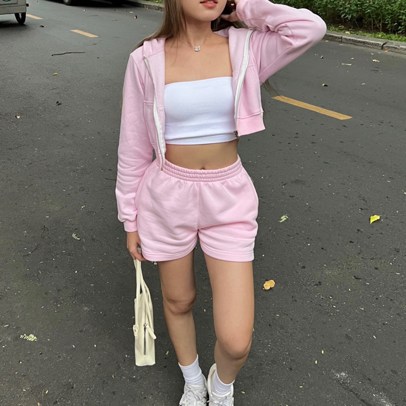 กางเกงขาสั้นผ้าสักหลาดผ้าฝ้าย Augety Studio, BASIC SWEATSHORTS
