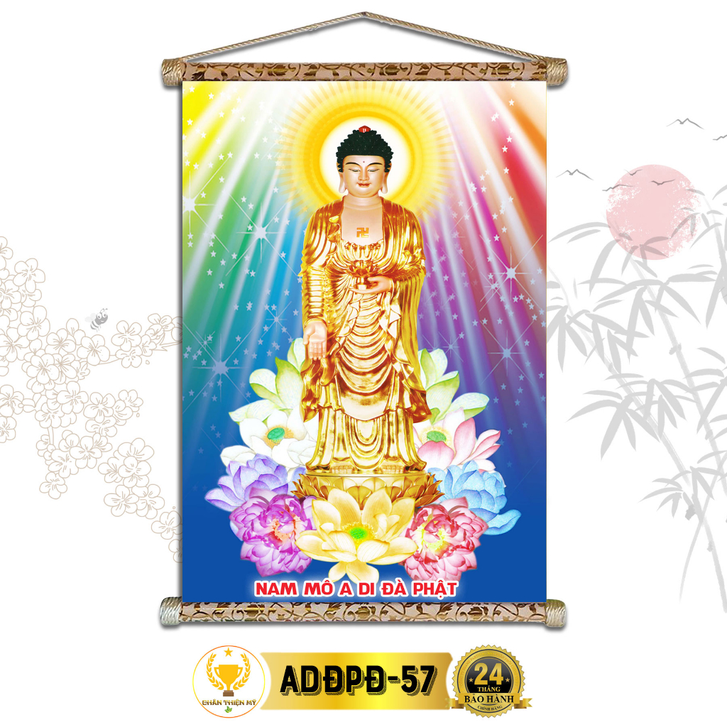SA Buddha Wall ภาพวาด Amitabha พระพุทธรูปยืน TRUTH และ BEAUTY, เลื่อมผ้าไหมผ้า, กรอบไม้ 40x60 ซม. AD