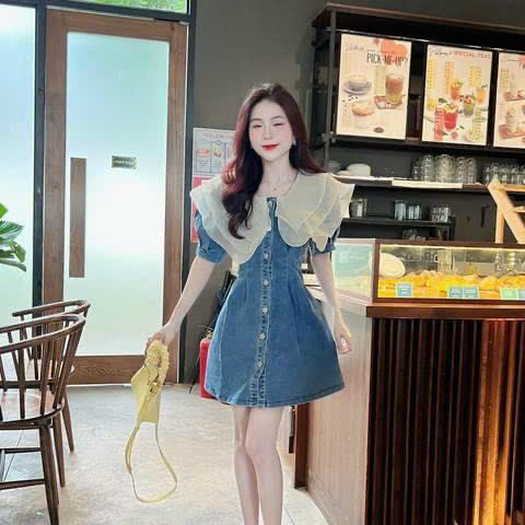 ชุดเดรสแฟชั่นผู้หญิงใส่ออกไปข้างนอกเนื้อกางเกงยีนส์คุณภาพสูงแต่งระบายผ้าไหมอิตาลีโชว์ง่ายแขนสั้นผู้หญิงกระดุมยาวกระโปรงทรงเอ