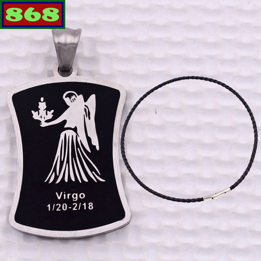 จี้ Virgo - สแตนเลส Virgo พร้อมสร้อยคอหนังสีดํา+ตะขอสแตนเลส ราศี