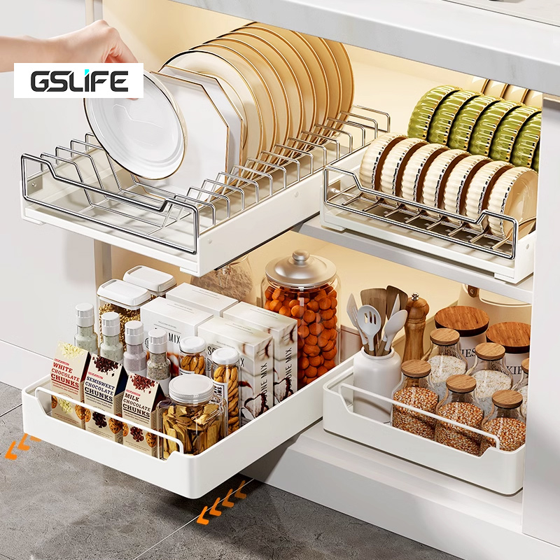 Gslife ชั้นเก็บของตู้ครัวสแตนเลส, ชั้นวางจานมัลติฟังก์ชั่น, เคลือบผงสีขาว, พร้อมรางเลื่อน