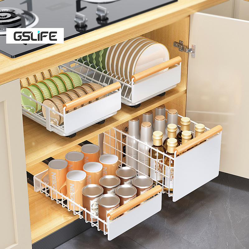 Gslife ชั้นเก็บของตู้ครัวมัลติฟังก์ชั่น, ชั้นวางจานพร้อมรางเลื่อน, เคลือบผง