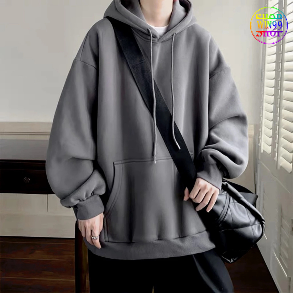 Unisex Plain Sweatshirt Hoodie สําหรับผู้หญิงและผู้ชายหลวม Format Plain Hooded Cotton Fleece 2 สีสีด
