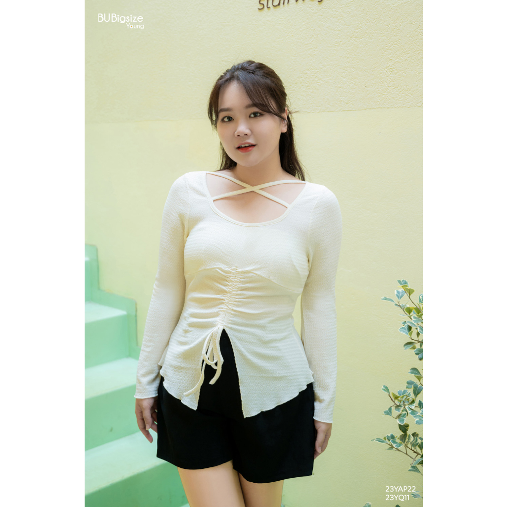 เสื้อคอเหลี่ยมอกแต่งระบายยาว BIGSIZE - 23YAP22 - [BU Bigsize Young]