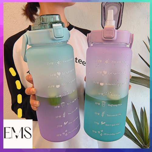 ขวดน้ํา 2 ลิตรพร้อมเครื่องหมายบอกเวลาดื่มน้ําสําหรับคนขี้เกียจ-ฟรีหลอดและชุดสติ๊กเกอร์-EMS กีฬา