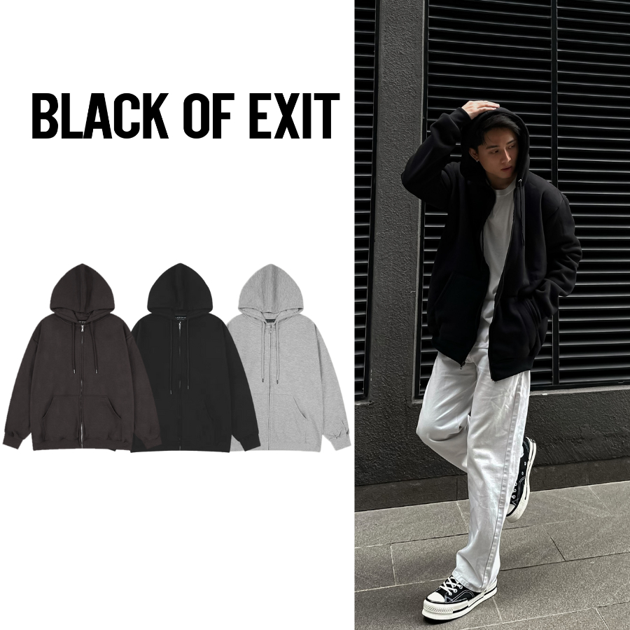 Black OF EXIT Basic Cotton Unisex Plain Zip Hoodie สําหรับผู้ชายและผู้หญิงแบรนด์ท้องถิ่น