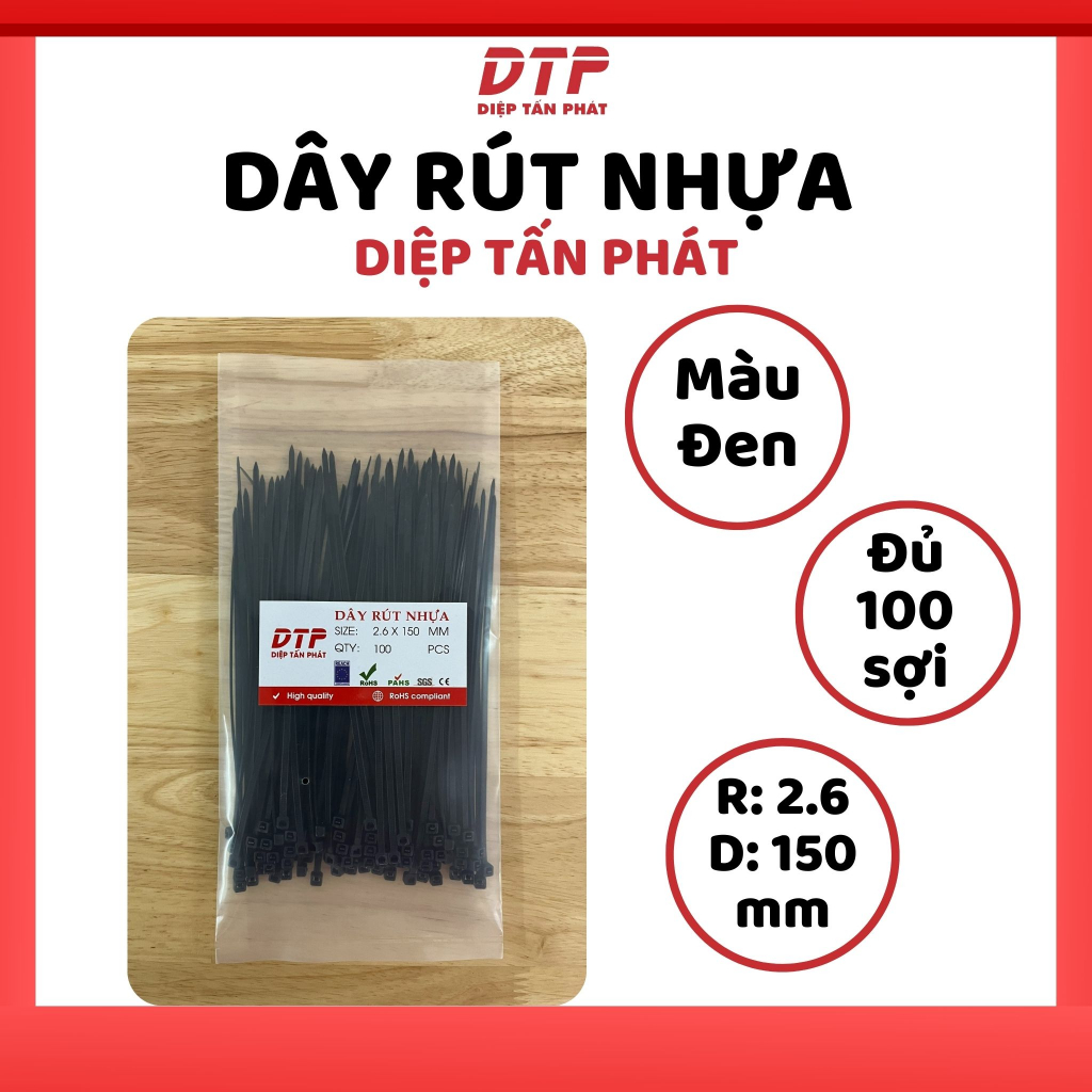 [10 BAGS GET 1 ฟรี] กระเป๋าหูรูดพลาสติก Diep Tan Pat 100 ใบ: สีขาว/ดํา 15cm - 2.6x150mm