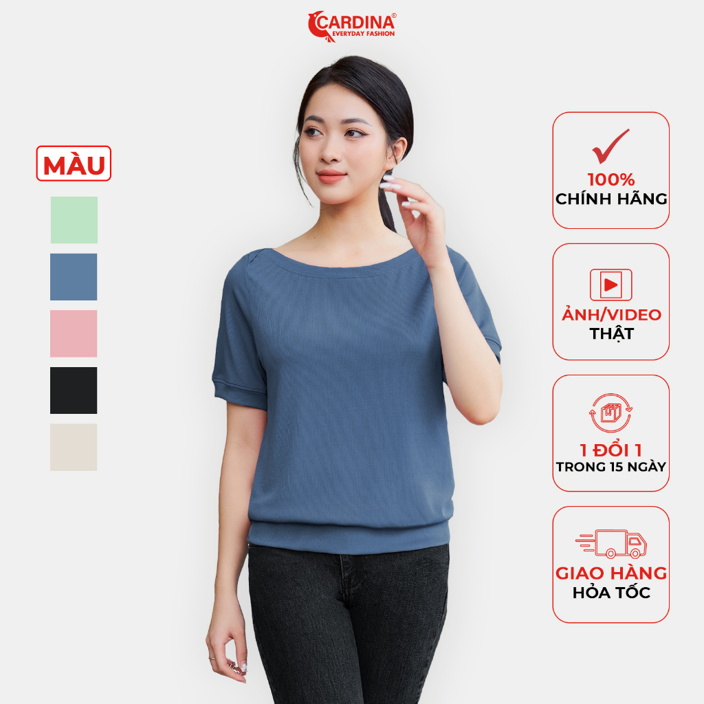 เสื้อยืดผู้หญิง CARDINA ผ้าฝ้ายเย็นคอเรือแขนหลวม Hem ยืดสบายอ่อนเยาว์รูป 3AFL02
