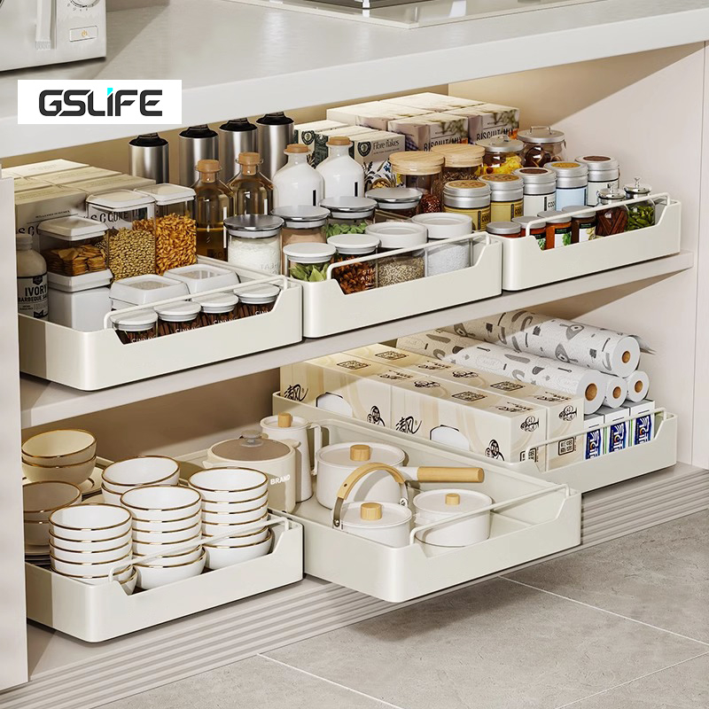 Gslife ตะกร้าเก็บของมัลติฟังก์ชั่น, ชั้นวางเครื่องเทศ, สามารถดึงออกได้ด้วยรางคู่มือและติดตั้งง่าย