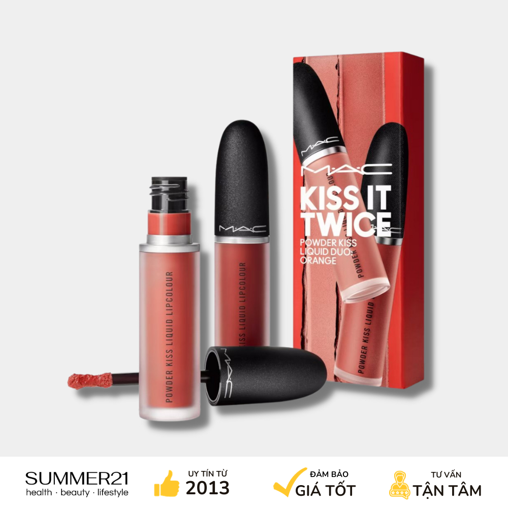 Set Lipstick 🌹 [MAC ] KISS IT TWICE POWDER KISS LIQUID DUO ORANGE ( SORRY NOT SORRY + MARRAKESH MERE