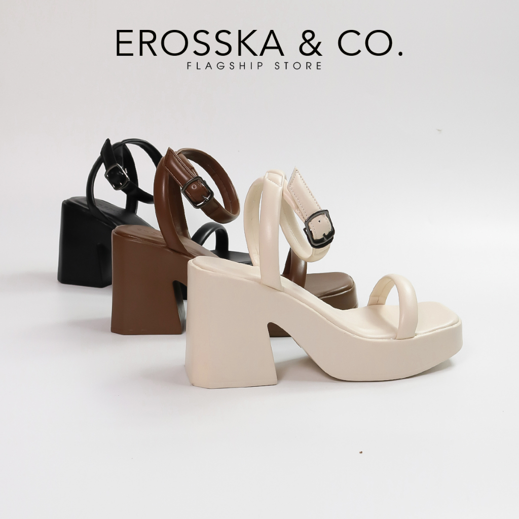 Erosska - รองเท้าแตะส้นสูงรัดส้นสีน้ําตาลเรียบง่ายของผู้หญิง สูง 9 ซม. - SB029