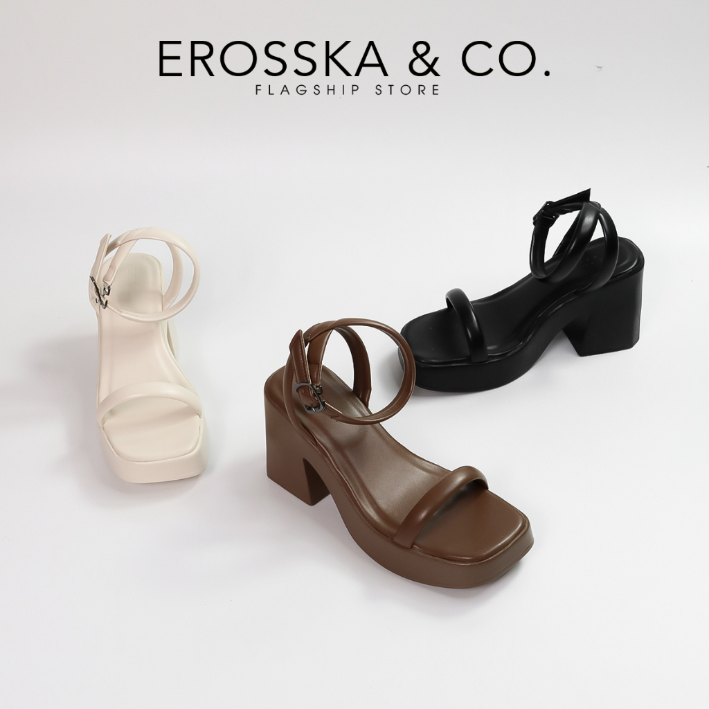 Erosska - รองเท้าแตะส้นสูงรัดส้นสีน้ําตาลเรียบง่ายของผู้หญิง สูง 9 ซม. - SB029