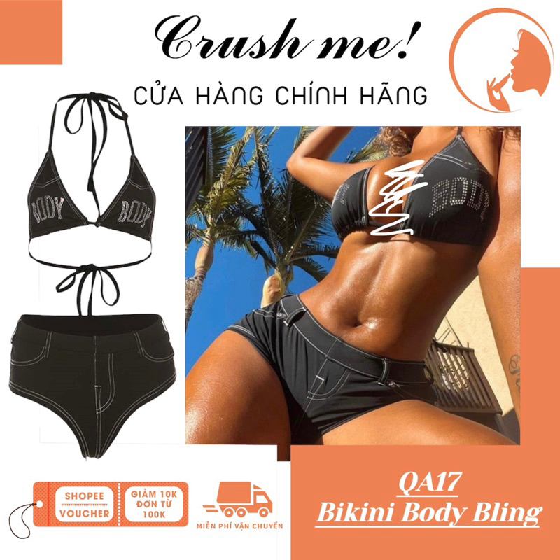 Crush me QA17 ชุดบอดี้สูท 2 ชิ้น ชุดชายหาด เสื้อผูกคอ ไม่มีฟองน้ํา กางเกงสามเหลี่ยมมี rhinestones แล