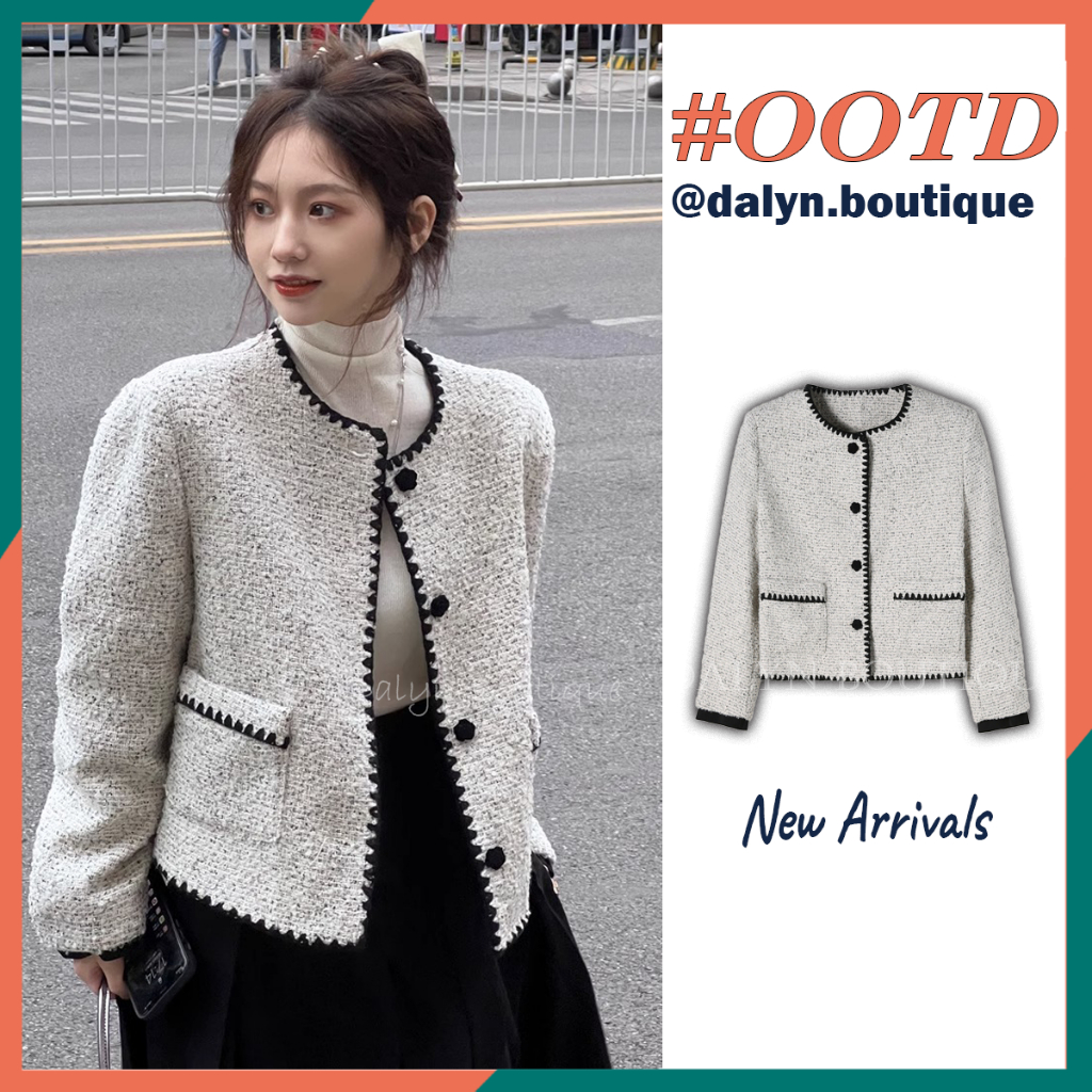 Qcc Thin Tweed Evening Jacket คอกลมสีดํา Trim ปุ่มดอกไม้ไฮไลท์รุ่นใหม่สไตล์เกาหลี - Dalyn