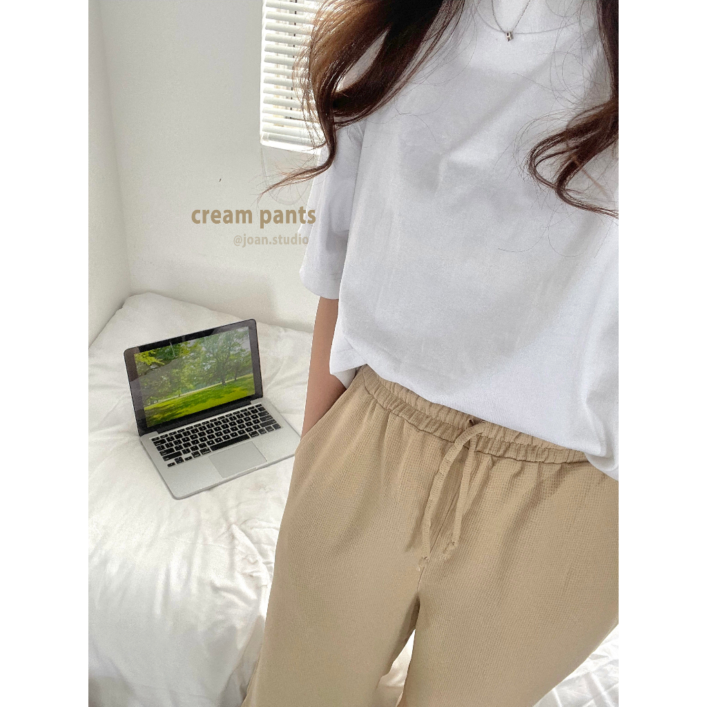 Waffle elastic เอว drawstring home Pants - Creamy Pants - Joan.Studio