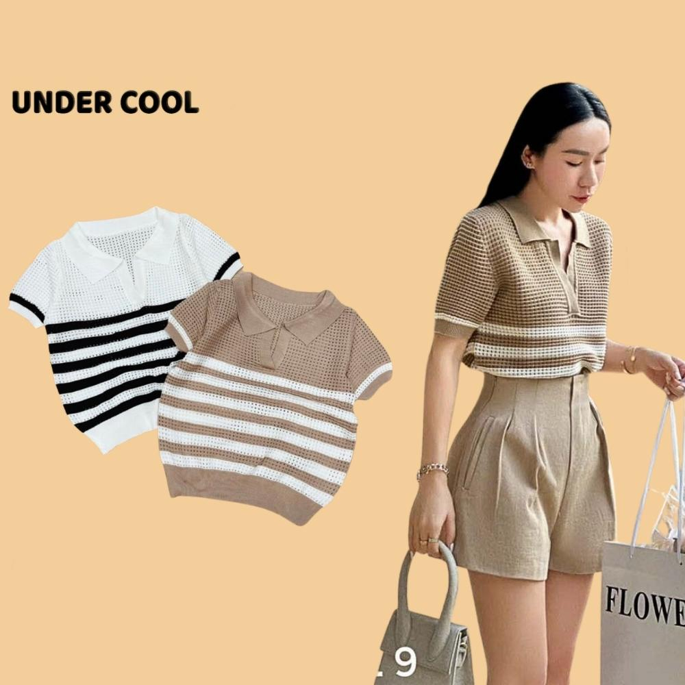 UNDERCOOL เสื้อโปโลแขนสั้น ผ้าวูลรูเย็น ลายทางแนวนอนสีขาวสีเบจ ACT07