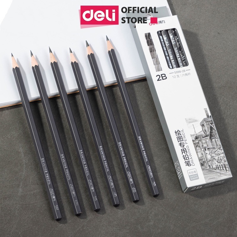 (กล่อง 12 ชิ้น) ดินสอสเก็ตช์รุ่นพรีเมี่ยม Deli - 2H, HB, 2B, 4B, 6B, 8B - S998