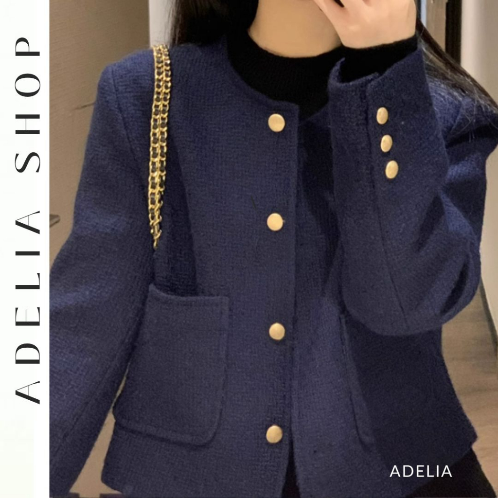 ADELIATweed ชุดราตรี TD157 คอกลมแขนยาวพร้อมปุ่มทองแดงสไตล์เลดี้หรูหรา