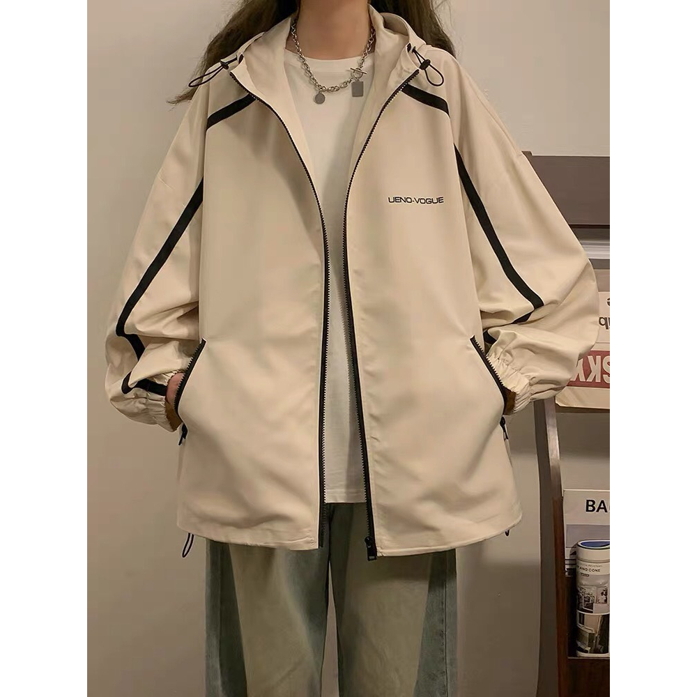 เสื้อแจ็คเก็ตร่มชูชีพ Ueno-vogue 1 แถบและแขนเชือกรูด ในรูปแบบกว้าง unisex สีดําครีมฮิต 2 สี - TPP FA