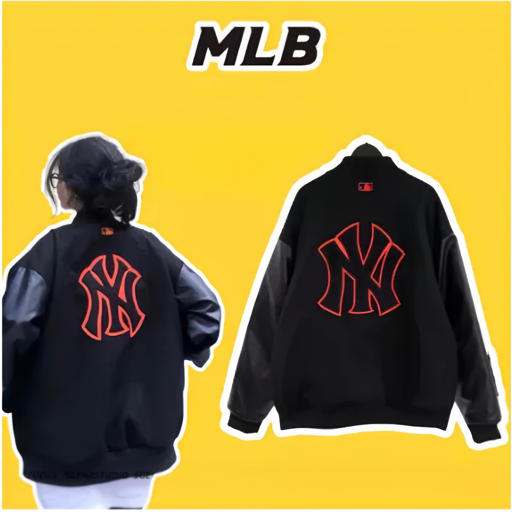 Bomber MLB Jacket พร้อมลายโลโก้ Ny ปักสวยมาก - Bomber Ny Jacket คุณภาพสูงหนังมือ Felt วัสดุ Super Ho