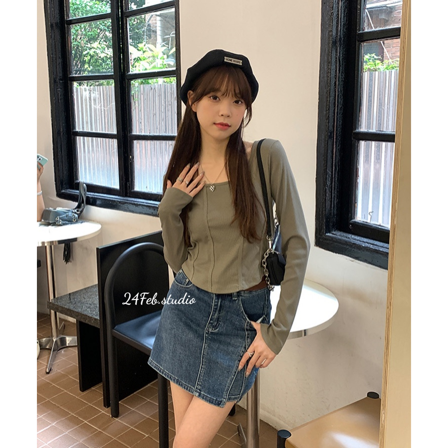 [APN24] [SOLD OUT] เสื้อครอปคอเหลี่ยมแขนยาวสไตล์เกาหลี ullzang [24สาขา 2]