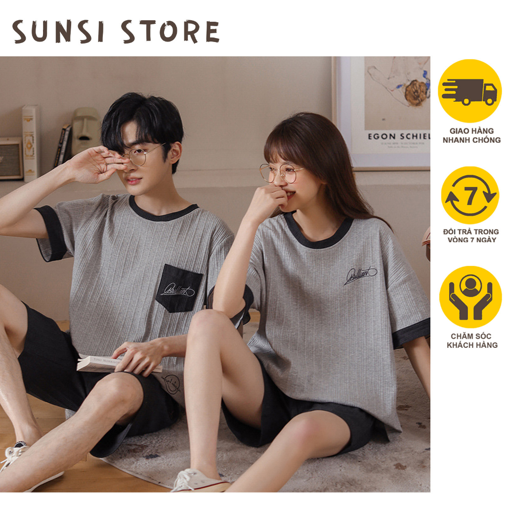 เสื้อผ้าคู่รัก - Couple Homewear/Sleepwear - ผ้าคอตตอนเนื้อนุ่ม ดีไซน์สีเทาทันสมัย - SSH09