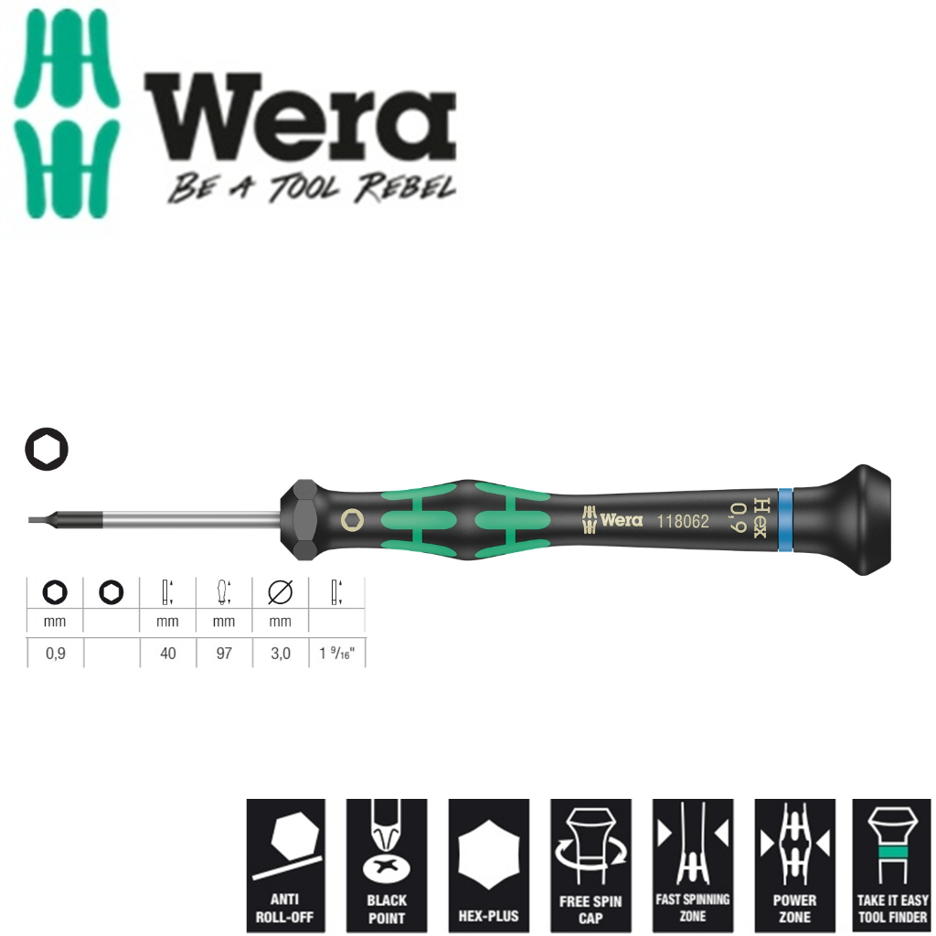 ไขควงอิเล็กทรอนิกส์หกเหลี่ยม Wera 0.9 มม 05118062001 2054 Hex-Plus 0.9 x 40 มม. กลไกอิเล็กทรอนิกส์ที