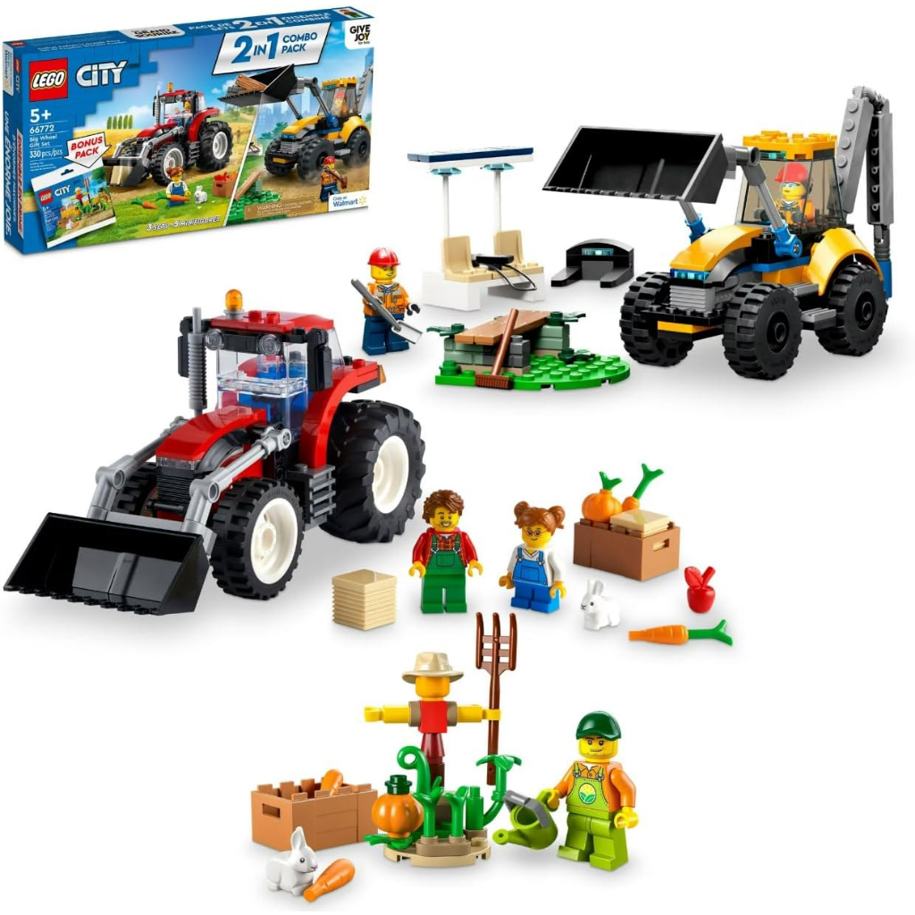 ชุดก่อสร้างเลโก้ประกอบด้วยรถ 2 คันใน 1 รถบรรทุก, Bulldozer ขนาดใหญ่ LEGO City Big Wheel Gift Set 667