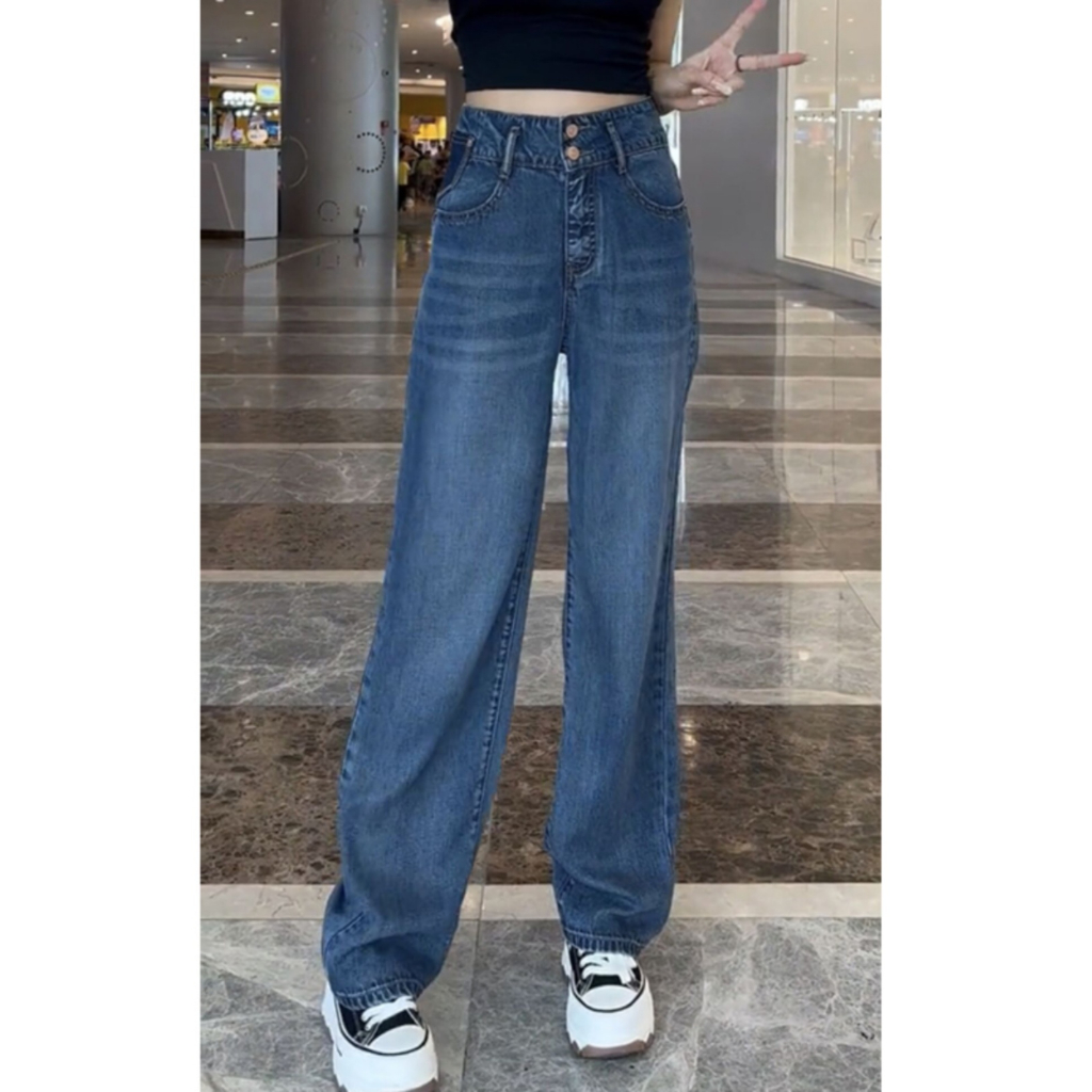 กางเกงยีนส์ทรงตรงสไตล์อ้วน, กระเป๋า EMBROIDERED, กางเกงยีนส์ STRETCH 4-WAY, ขนาดใส่สบาย 50-90 KG