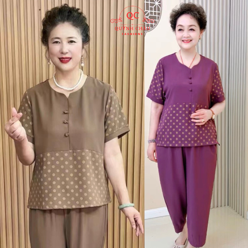 เสื้อผ้าผู้หญิงวัยกลางคนสําหรับคุณแม่, ชุด FRENCH SILK ของผู้หญิงวัยกลางคนลาย Bi, กางเกงขาเล็ก 9 นิ้วคุณภาพสูงKb2