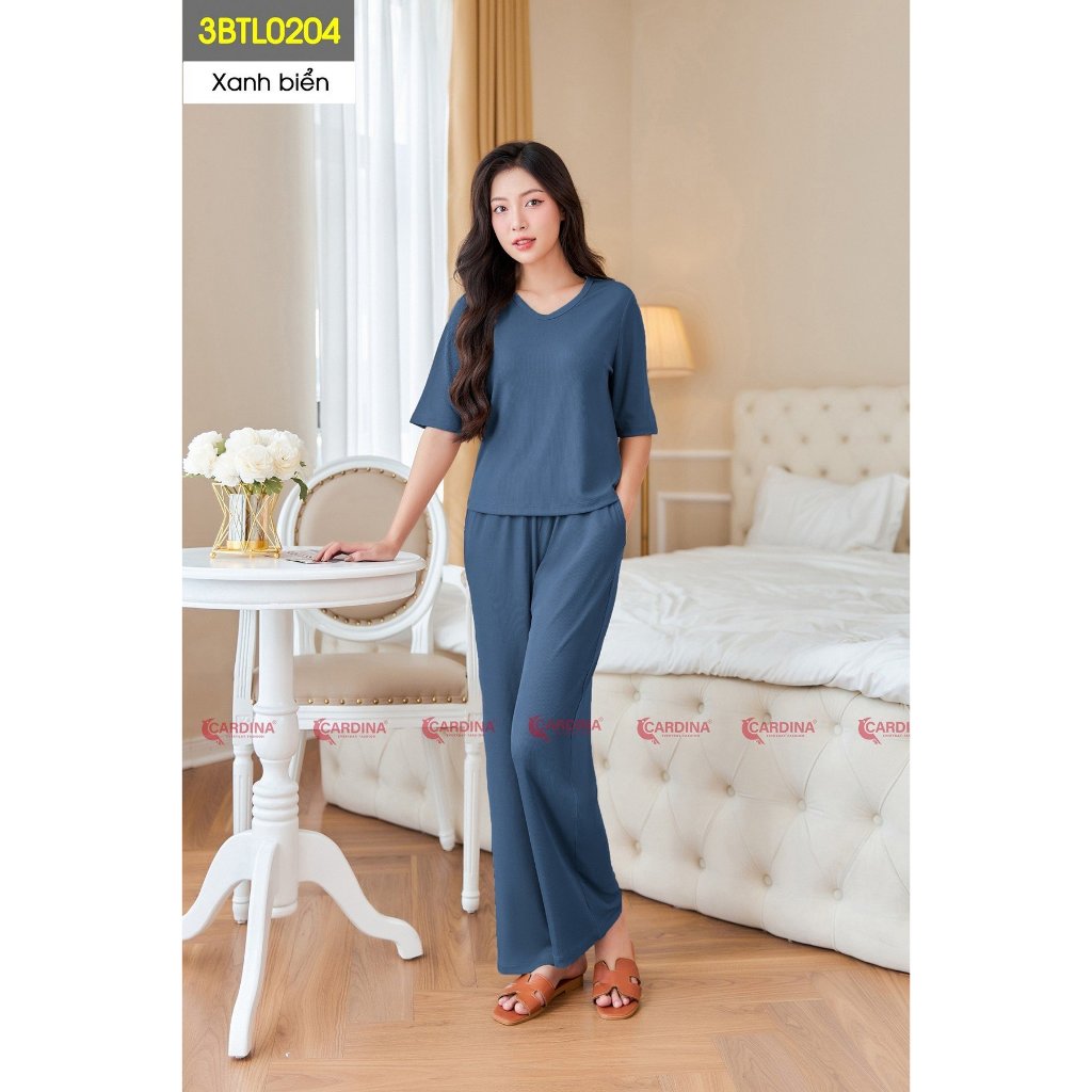 ชุดสตรี CARDINA เชื่อมไม้จิ้มฟันกางเกงตรงแขนหลวม V คอยืดสบาย Slim Fit Flattering 3BTL02