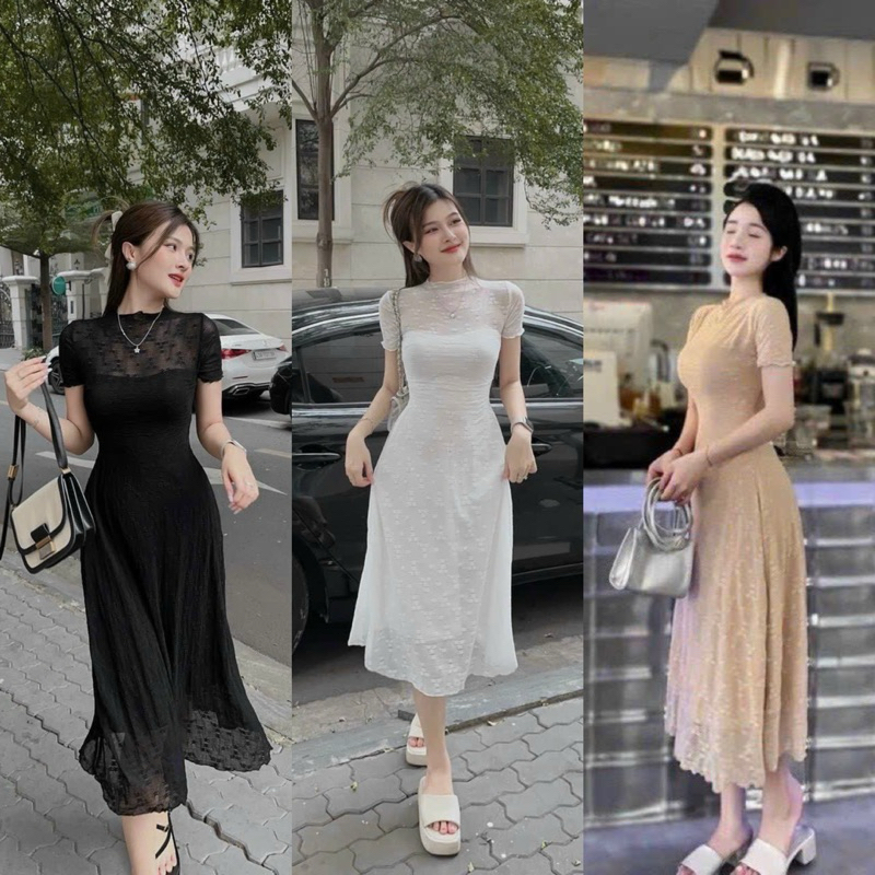 ชุดเดรสแฟชั่นผู้หญิง ออกงาน ลูกไม้ 2 ชั้น แม็กซี่เดรสคอกลมสูง แขนสั้น 3 สีน่ารัก