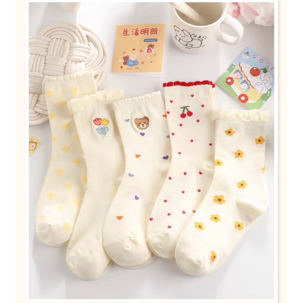 [HOME SOCKS SHOP - MTM STORE] ถุงเท้าคอระบายผู้หญิงโทนสีครีมและลายน่ารัก