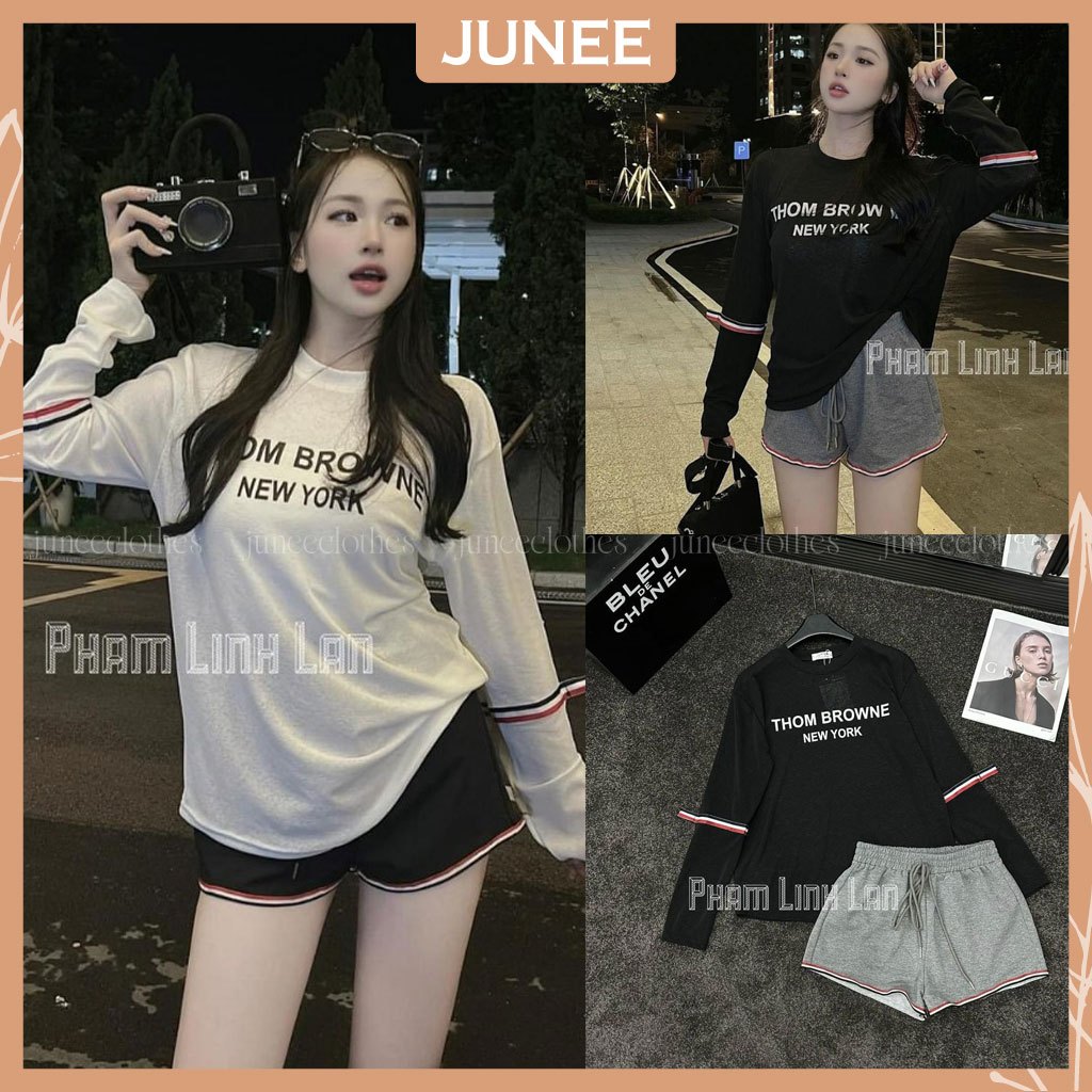 ชุดสตรีชุด Thome Browne เสื้อยืดแขนยาวผู้หญิงเสื้อยืดแขนยาวผ้าฝ้าย Hem กางเกงขาสั้นสีดําผสม B31033