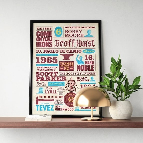 ️ โปสเตอร์ประวัติศาสตร์ทีมเวสต์แฮม - สไตล์วินเทจ - West Ham Typographic Print Wall Decal
