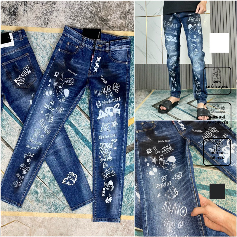 Dsq2 กางเกงยีนส์ผู้ชาย BLUE พร้อมจุดสีดํา - Dsquared2 Graffiti Painted Jeans Street Boy Style Hottre