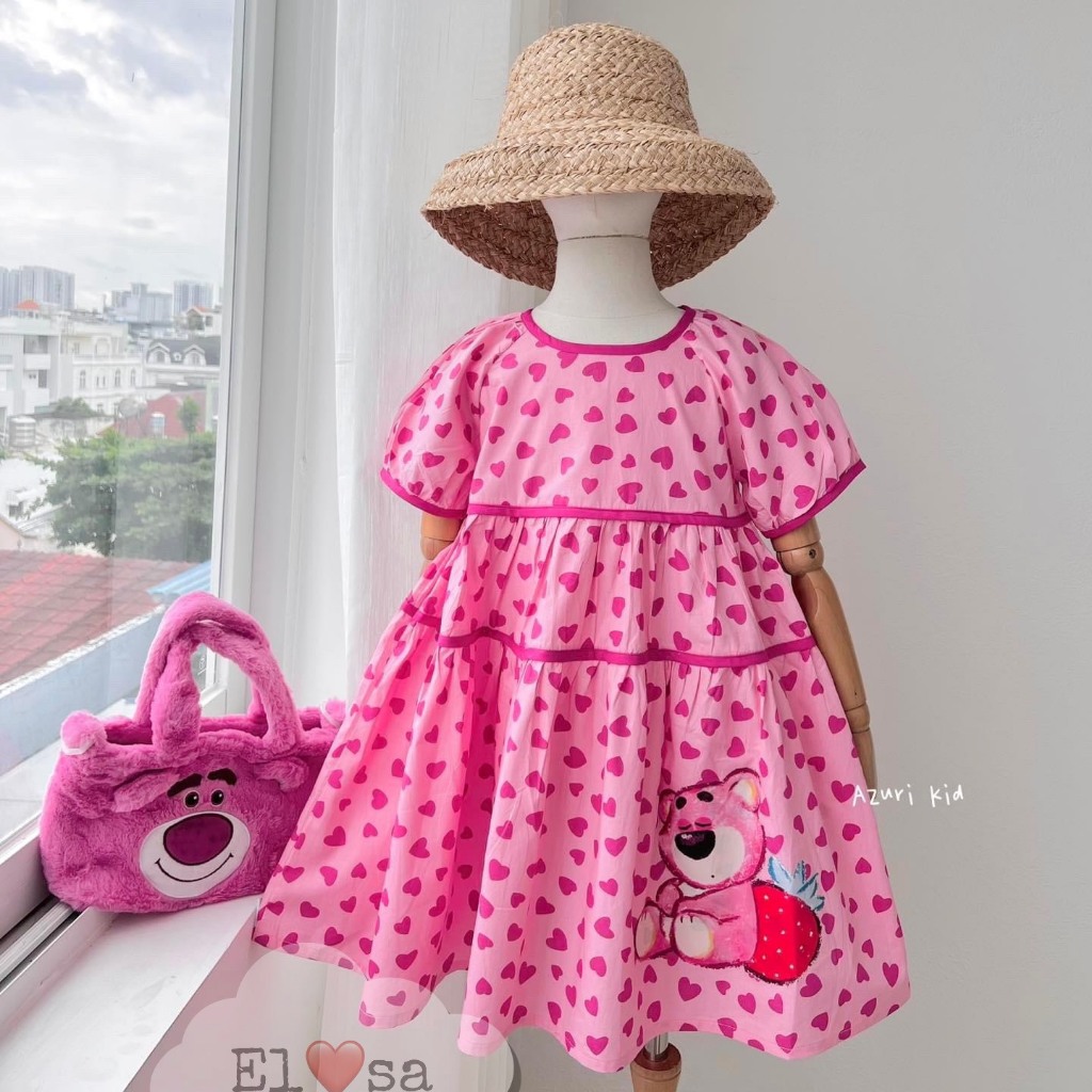 ชุดเด็กผู้หญิง - ชุดเดรสหัวใจสีชมพูหมีสตรอเบอร์รี่สุดน่ารักสําหรับเด็ก 1-8 ปี