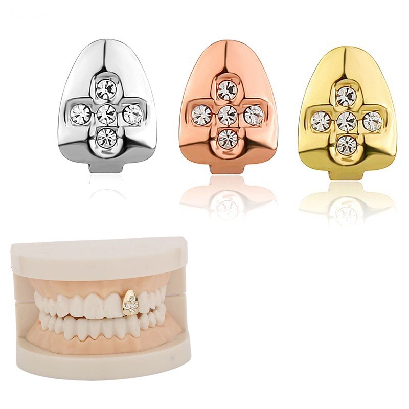 A grillz เครื่องประดับฟันเดี่ยว สีทอง และสีเงิน 5 หิน ดีไซน์ข้าม