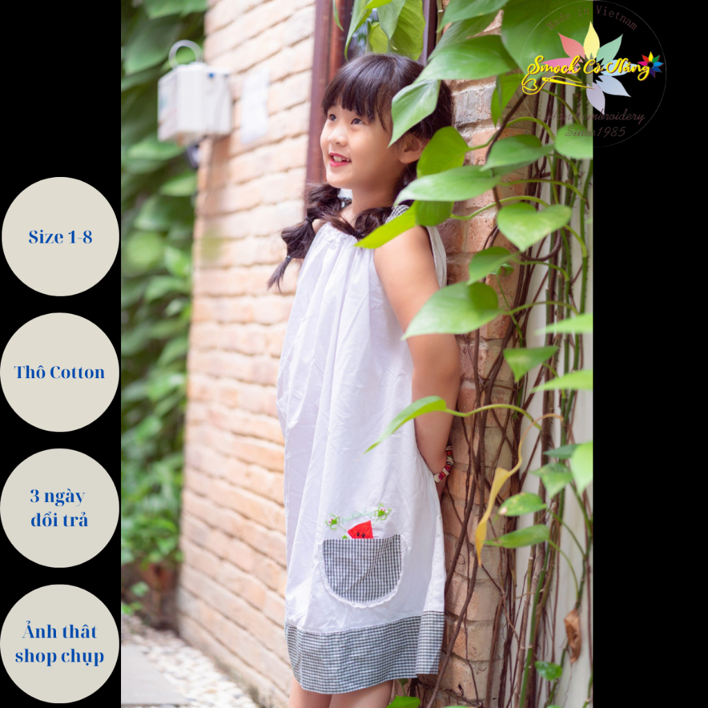 สม็อค เดรสปักมือ 2 สายสีขาวปักกบ (คอเรือ), ชุดเด็กคุณภาพสูง, ชุดฤดูร้อนของเด็กผู้หญิง (MSP: 680)