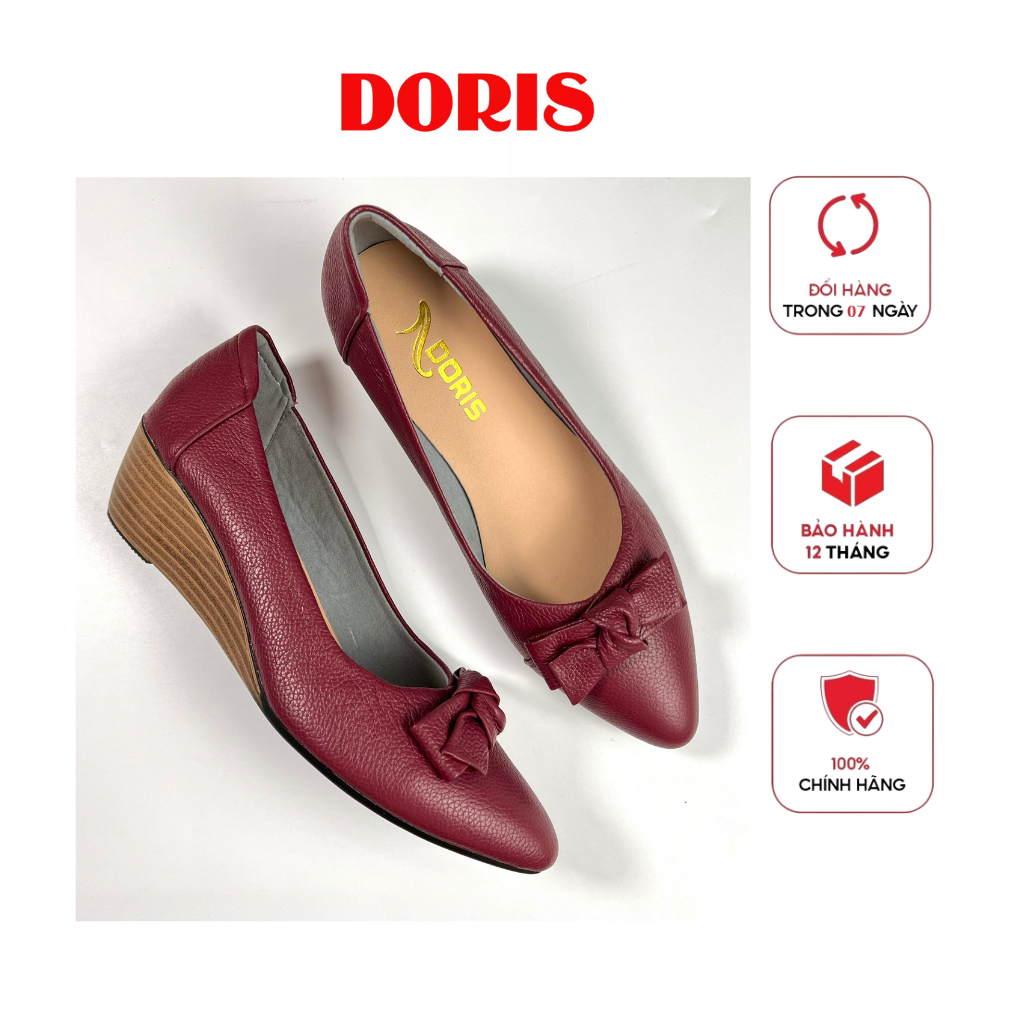 DORIS DR503 รองเท้าตุ๊กตาลิ่ม 5cm หนังแท้ หัวแหลม โบว์สี่เหลี่ยมสีแดง - SMALL SIZE, 1 SZ- .