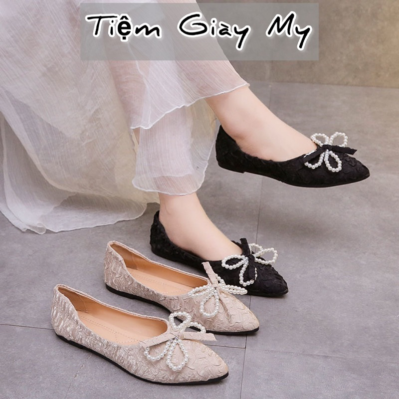 รองเท้าส้นแบนหัวแหลมสวยมากมีโบว์มุก Tiem Shoes My