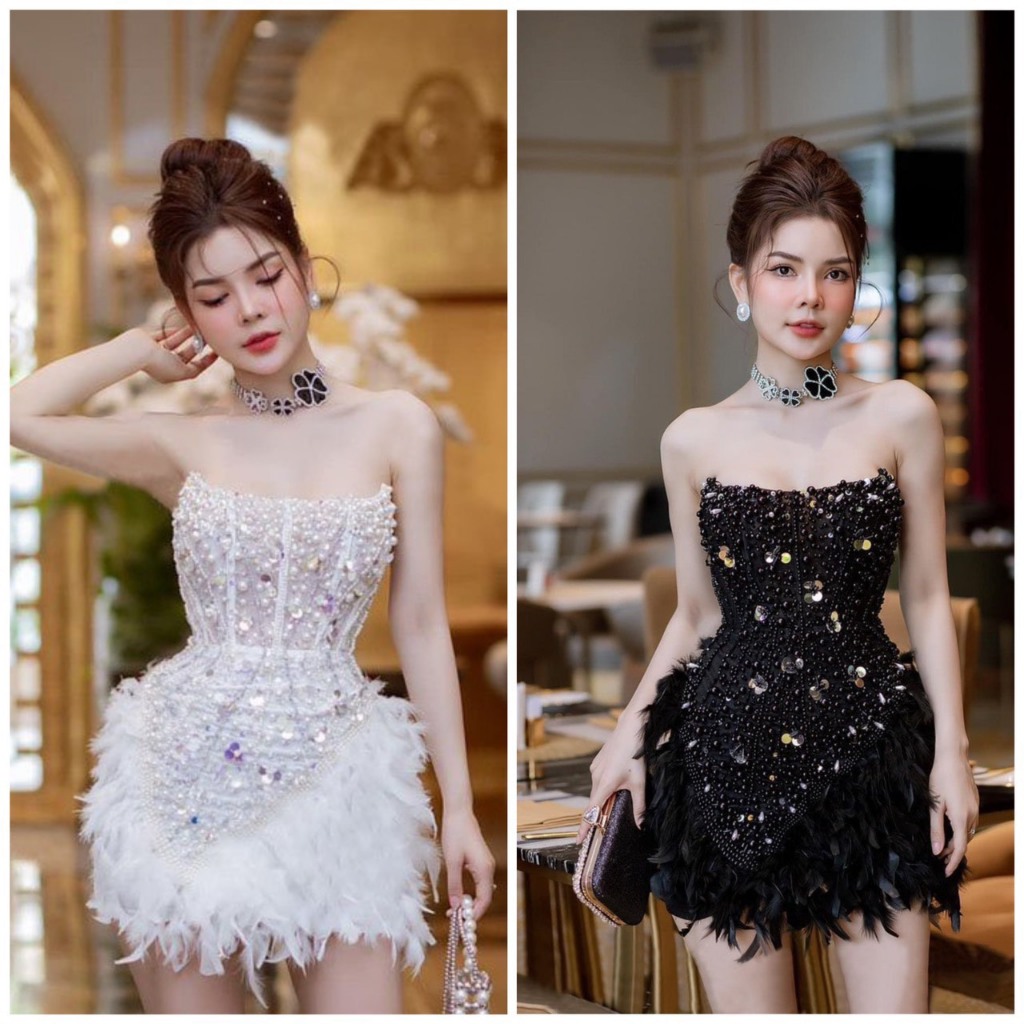 Super LUXURY JEWELED FUR BODY CUP DRESS เต็มไซส์ S/M/L/XL (วิดีโอจริง 100 ตัว)